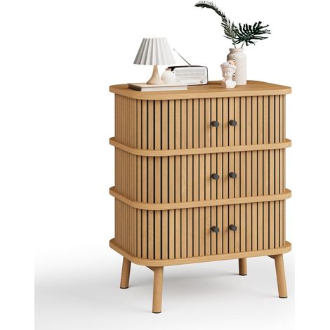 Table de Chevet Bois Naturel 3 Portes Coulissantes - Style Scandinave Boho - 50 x 40 x 65 cm (1/5)