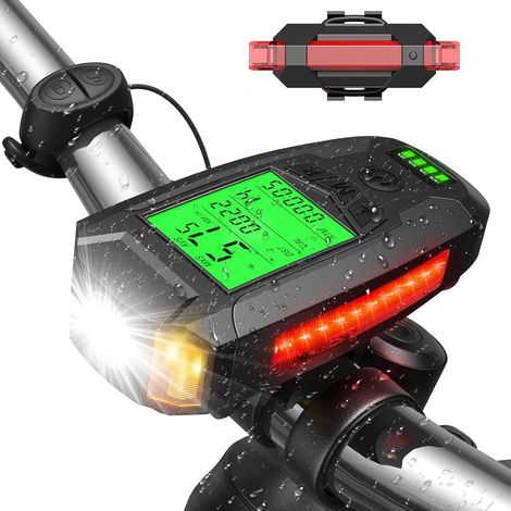 Luce per bicicletta, luce per bicicletta ricaricabile tramite USB con tachimetro, ciclocomputer, potente luce anteriore e posteriore per bicicletta per MTB, ciclismo, mountain bike (1/5)