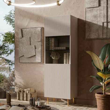 Vitrina Raccuja, vitrina de salón con puerta de cristal y detalle, elevada del suelo, 60 x 42 x 183 cm, beige (1/4)