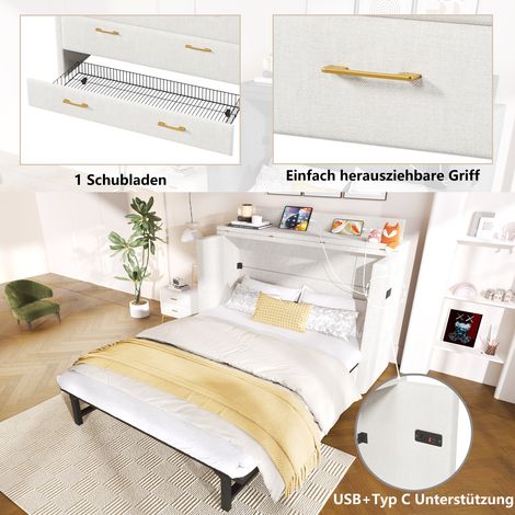 Lit mural rabattable 140x200 cm avec tiroir de stockage, meuble-lit escamotable à compartiment, prises USB-C, sommier plateforme repliable, sans matelas, lin beige (1/5)