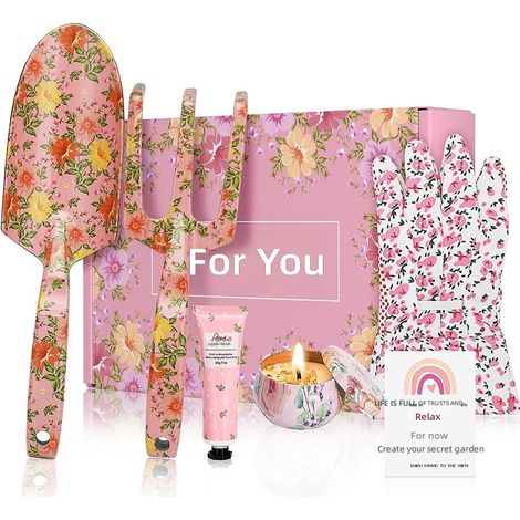 Coffret cadeau de jardin rose imprimé 5 pièces, pelle en alliage d'aluminium pour Noël (1/5)