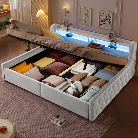 Lit coffre 140x200 cm en tissu beige, avec rangement et LED, pour chambre, sans matelas FloraGrace (1/5)