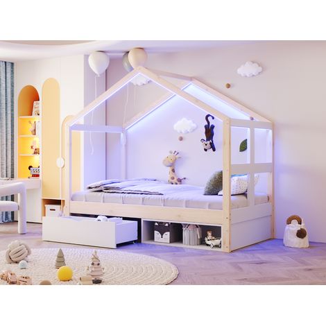 Lit en bois 90×190 cm, avec tiroirs et petit meuble à chaussures, éclairage LED multicolore, sommier à lattes, lit simple, lit pour adolescent, couleur bois (1/5)