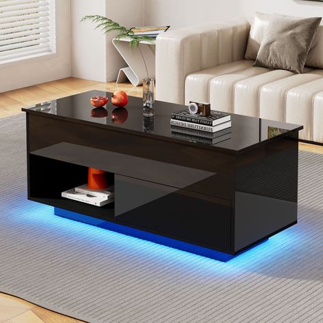 Table basse relevable avec LED - avec rangements - effet brillant - Noir