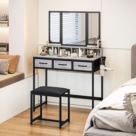 Schminktisch mit abnehmbarem, dreiteiligen Spiegel, Hocker, 3 Stoffschubladen, Haartrocknerhalter, Grau