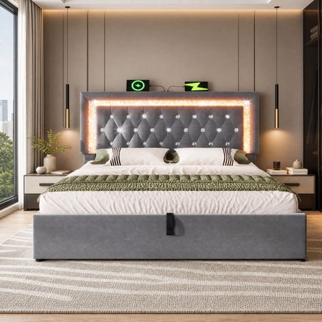 Letto contenitore 180 x 200 cm con LED, USB e USB-C, testiera regolabile, velluto grigio HAVRYA (1/5)