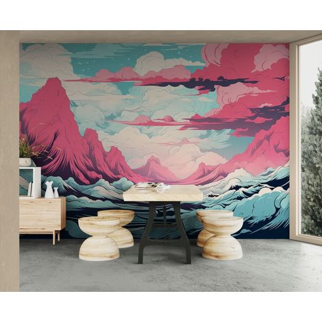 Papier peint paysage – Montagnes roses et vagues stylisées - 150 x 250 cm (1/2)