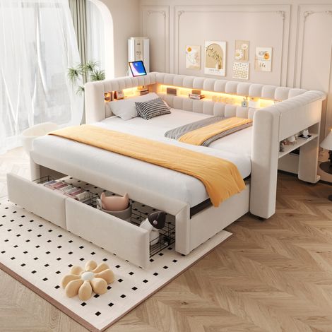 Schlafsofa 90x190 cm aus beigem Samt mit Stauraum, platzsparend, ohne Matratze – MEUBLIV (1/5)