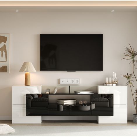 meuble tv rangement led 200 cm blanc noir laque moderne HAVRYA (1/5)
