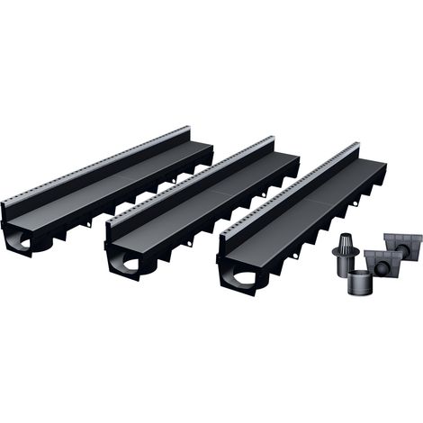 MEA – Pack de 3 caniveaux de douche avec grille à fente – Couverture en inox – Résistance A15 – Pour espaces piétonniers et cyclables
