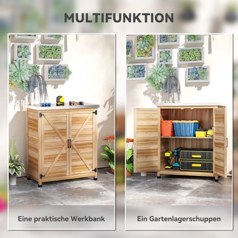 Armoire de jardin avec table de rempotage, abri de rangement en bois massif, plan de travail galvanisé, 2 tablettes, portes battantes, 79 x 43 x 92 cm