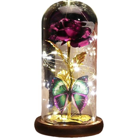 Lampe rose plaquée or avec bande LED et pétales tombés, sous un dôme en verre sur un socle en bois (1/5)