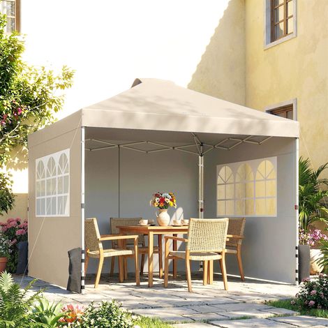 Tente pop-up jardin 3x3 m beige, tonnelle pliante hauteur ajustable avec 3 parois latérales, sacs de lestage et housse de transport fournis (1/5)