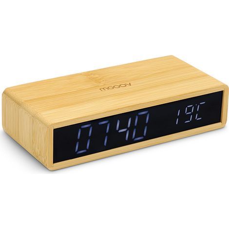 Réveil lumineux en bambou naturel avec écran LED noir – 3 niveaux de luminosité – Indicateur de température intérieure – Mooov