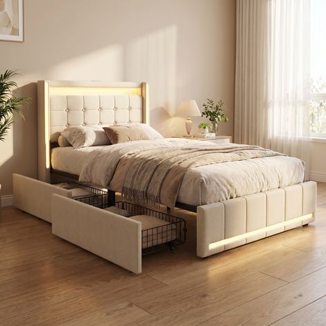 Letto singolo imbottito 90x200 cm - giroletto una piazza con cassetti salvaspazio testiera led e ricarica usb tipo-c moderno lino - beige (1/5)