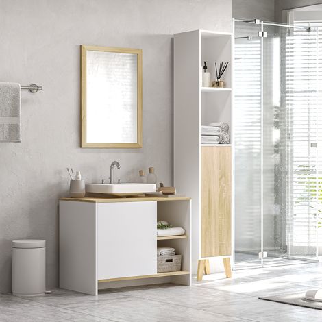Meuble salle de de bain avec armoire et 2 étagères en bois - 77x45x60 cm - blanc et bois