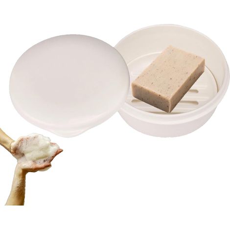 Jabonera redonda de plástico con tapa y bandeja de secado, ideal para viajes, cocina o baño. Dimensiones: 9 cm. (1/5)
