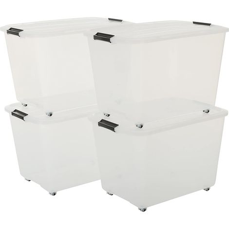 Iris Ohyama, Lot de 4 boîtes de rangement, 60 L, avec roues, clips de fermeture, salon, chambre, garage - Top Box Roller TBR-60 - Transparent