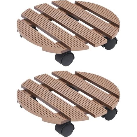 Chariots à plantes, 2 unités, marron, 30 cm de diamètre x 7,5 cm de hauteur, matériau composite bois-plastique. (1/5)
