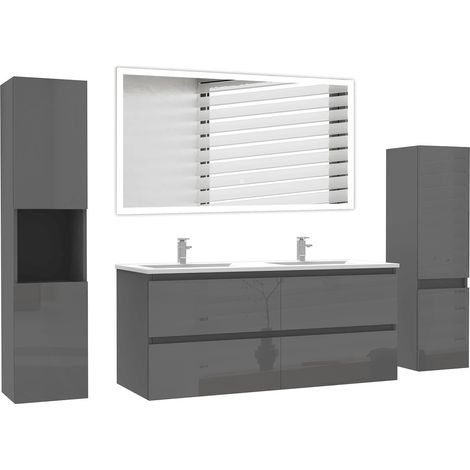 Ocean Ensemble de Meuble salle de bain 120cm anthracite Haut Brillant, miroir led + colonne 110cm + colonne 131.5cm (1/5)