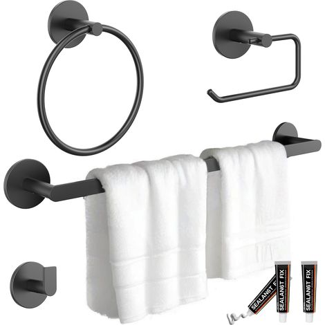 Juego de accesorios de baño de acero inoxidable de 4 piezas: Toallero, portarrollos, anilla para toalla y perchero (negro) (1/5)