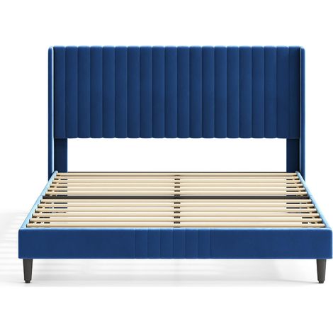 Upholstered Bed Frame with Cozy Button Tufted Headboard & Adjustable Height, Wood Slat Support CHARLIE KING BLUE (1/5)