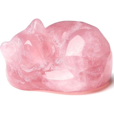 Décoration chat en quartz rose, cadeau rose, statue de chat endormi en cristal sculpté dans la pierre