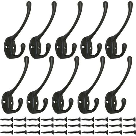 10 Pièces Crochets Penderie Vintage Noir, Crochets Muraux Crochet en Métal Crochet Manteau Crochets avec 25pcs Vis pour Porte Crochets Porte Cuisine Salle De Bains (Black) (1/5)