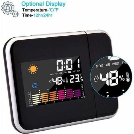 Réveil Projection - Station Météo - Double Alarme - Affichage Plafond Mur - Température Humidité - LCD Rétroéclairé - USB Et Piles (1/5)