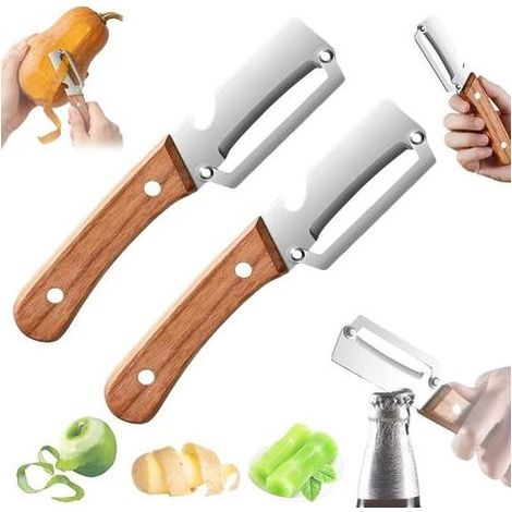x Éplucheur à légumes professionnel, éplucheur 2 en 1 en acier inoxydable, manche en bois, lame large, ouvre-bouteille intégré, outil de cuisine pour pommes de terre, carottes, concombres, pommes et f (1/5)