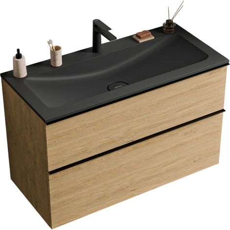BERNSTEIN - Mobile lavabo sospeso MDF rovere miele, lavello Ghisa nero opaco + foro rubinetto, maniglia in antracite opaco - 80x46x62cm - LAVOA	Antracite opaco, Rovere Miele Oro, Nero opaco con foro r