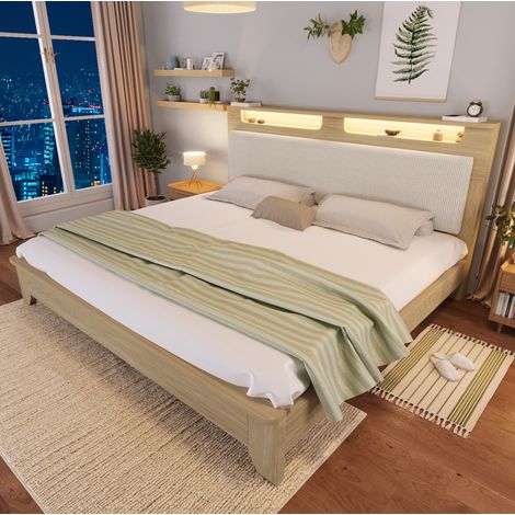 DESVIAE Lit double 160 x 200 cm avec tête de lit à rangement éclairage LED dossier en velours côtelé beige sommier à lattes décor chêne clair (1/5)