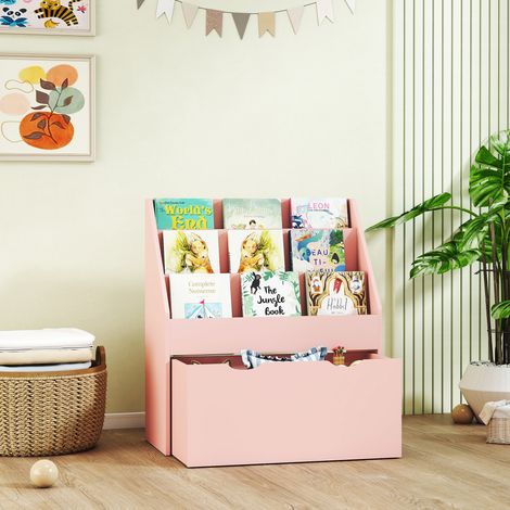 Bibliothèque enfant multi-rangement, 3 niveaux étagères + tiroir, dimensions 62,5x30x70 cm, couleur rose, meuble de rangement pratique pour chambre d'enfant. (1/5)