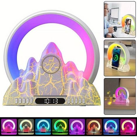 Lampe de table LED créative, haut-parleur BT, réveil RVB, chargeur sans fil, radio FM, veilleuse, meilleur cadeau Noël - Blanc (1/5)