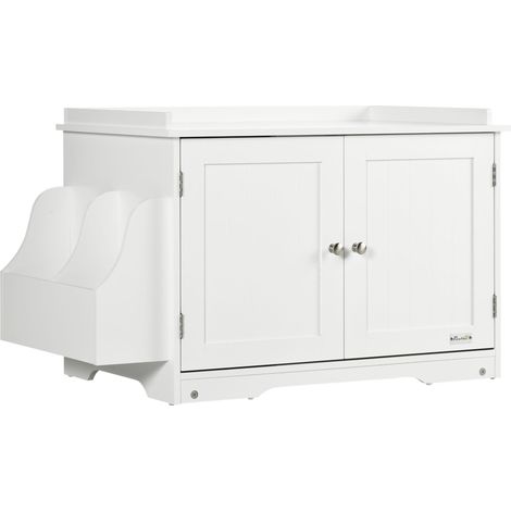 Cabinet pour litière de chat multifonctionnel avec séparation réglable, MDF blanc 86x48x52 cm (1/5)