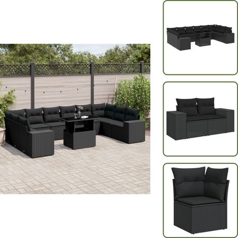 The Living Store 11-tlg. Garten-Sofagarnitur mit Kissen Schwarz Poly Rattan - Gartenmöbel Set - PE-Rattan Möbel - Outdoor Lounge - Garten Sofa - Balkon Möbel (1/5)