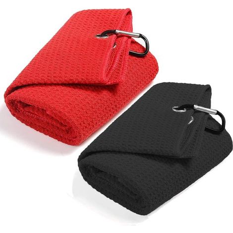 Set di 2 asciugamani da golf in microfibra con trama a nido d'ape – Eleganti asciugamani da golf con ganci per la sacca, ideali per uomo – Set di asciugamani da golf pieghevoli in tre (Nero + Rosso) (1/5)