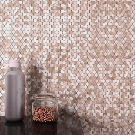 Lot de 10 feuilles d'autocollants pour dosseret de cuisine - Carreaux en aluminium - Carreaux hexagonaux en métal-Marron or rose (1/5)