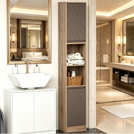 Colonne de rangement étroite pour salle de bain en MDF et panneaux de particules, 30x24x170 cm, couleur gris chêne (1/5)