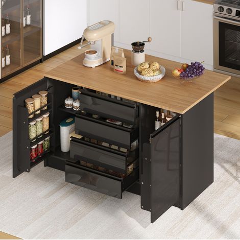 Mesa de bar extensible, isla de cocina con 4 cajones, 140x80x90 cm, MDF negro y acabado de madera (1/5)