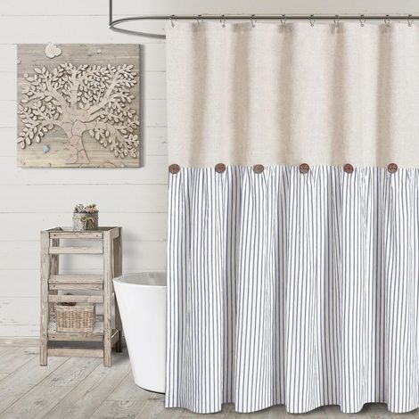 Rideau de douche en lin bleu avec boutons, rideau à boutons, style champêtre (183 cm de long x 183 cm de large) (1/5)