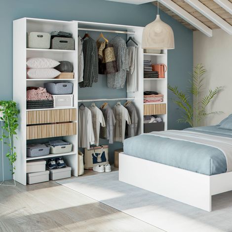 Dressing avec étagères et 3 tiroirs - Blanc et bois naturel - DR81008