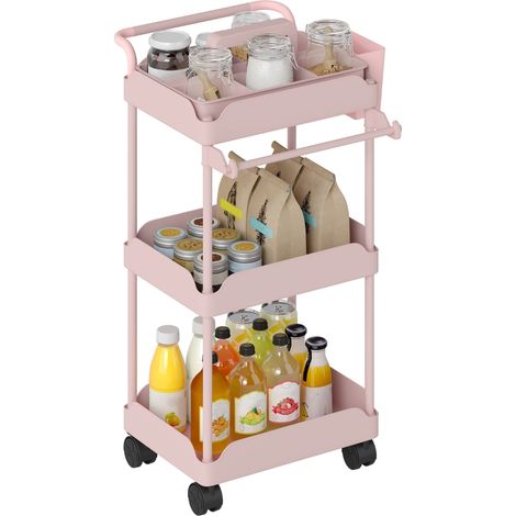 Carrito Auxiliar con Ruedas de 3 Niveles Carrito de Cocina con Cestas Extraíbles y Soporte para Toallas Rosa (1/5)