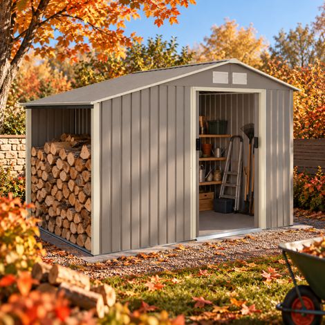 Abri de jardin métal gris avec bûcher 4,85 m² + kit d'ancrage + lampe magnétique (1/5)