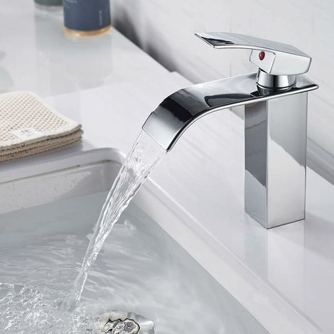 Moderner Badezimmerhahn, eleganter Wasserfall-Waschbeckenhahn, Badezimmermischbatterie aus Messing, heißes und kaltes Wasser verfügbar