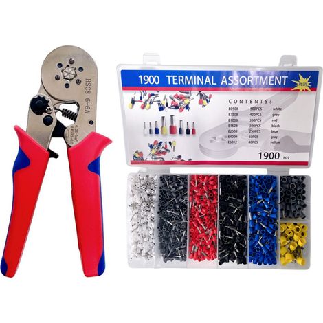 Kit de sertissage comprenant 1900 cosses isolées, pince à sertir auto-ajustable, calibre HSC8 6-6A 0,25-6 mm², 23-10 AWG rouge (1/5)