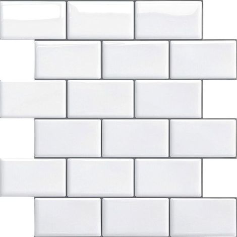 Crédence adhésive pour cuisine et salle de bain. Carrelage autocollant blanc. Carrelage mural étanche Metro 3D en PVC. Lot de 4 (blanc, 4 feuilles). (1/5)