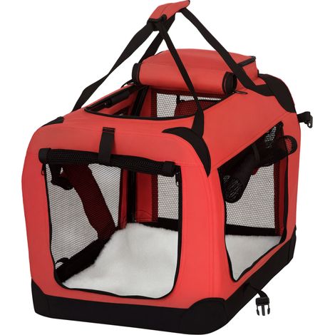 PawHut Foldable Pet Carrier for Small and Miniature Dogs, Portable Cat Carrier Soft Side Pet Travel Crate with Removable Mat, Storage Bags, Breathable Mesh Window 60 x 42 x 42cm - Red