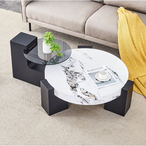Table basse ronde moderne à deux niveaux en MDF et verre blanc effet marbre et noir (1/5)