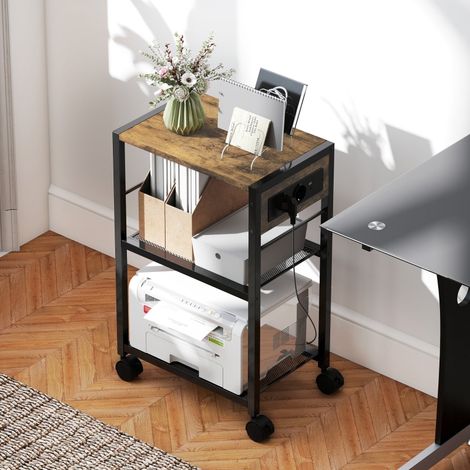 Support d’Imprimante, Chariot d'Imprimante à 3 Niveaux, Support d'Imprimante avec Station de Charge, pour Bureau à Domicile, Marron Rustique et Noir (1/4)